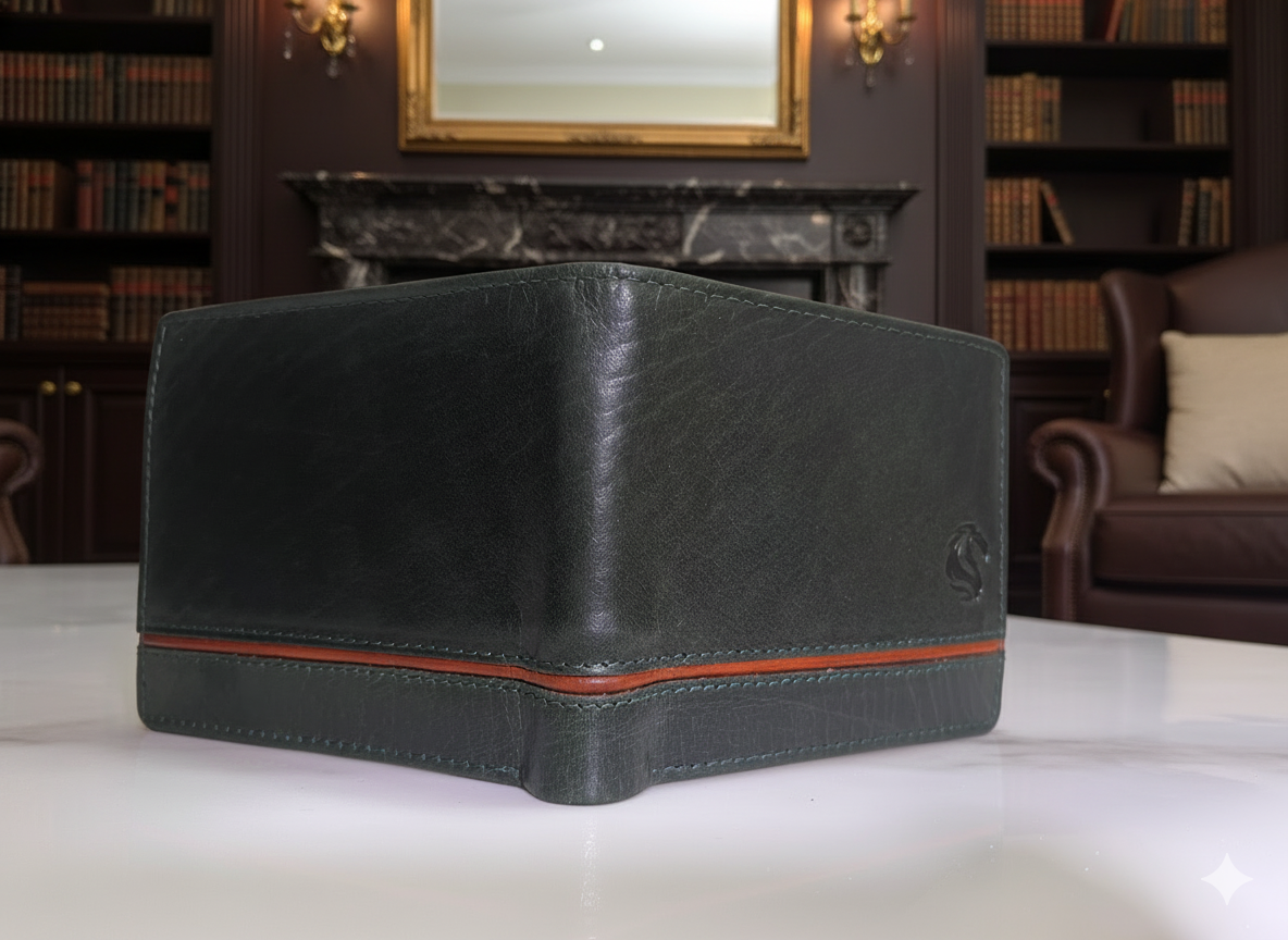 Olive Green Leather Wallet – Premium Bifold with Contrast Detail