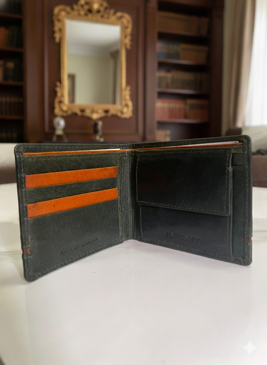Olive Green Leather Wallet – Premium Bifold with Contrast Detail