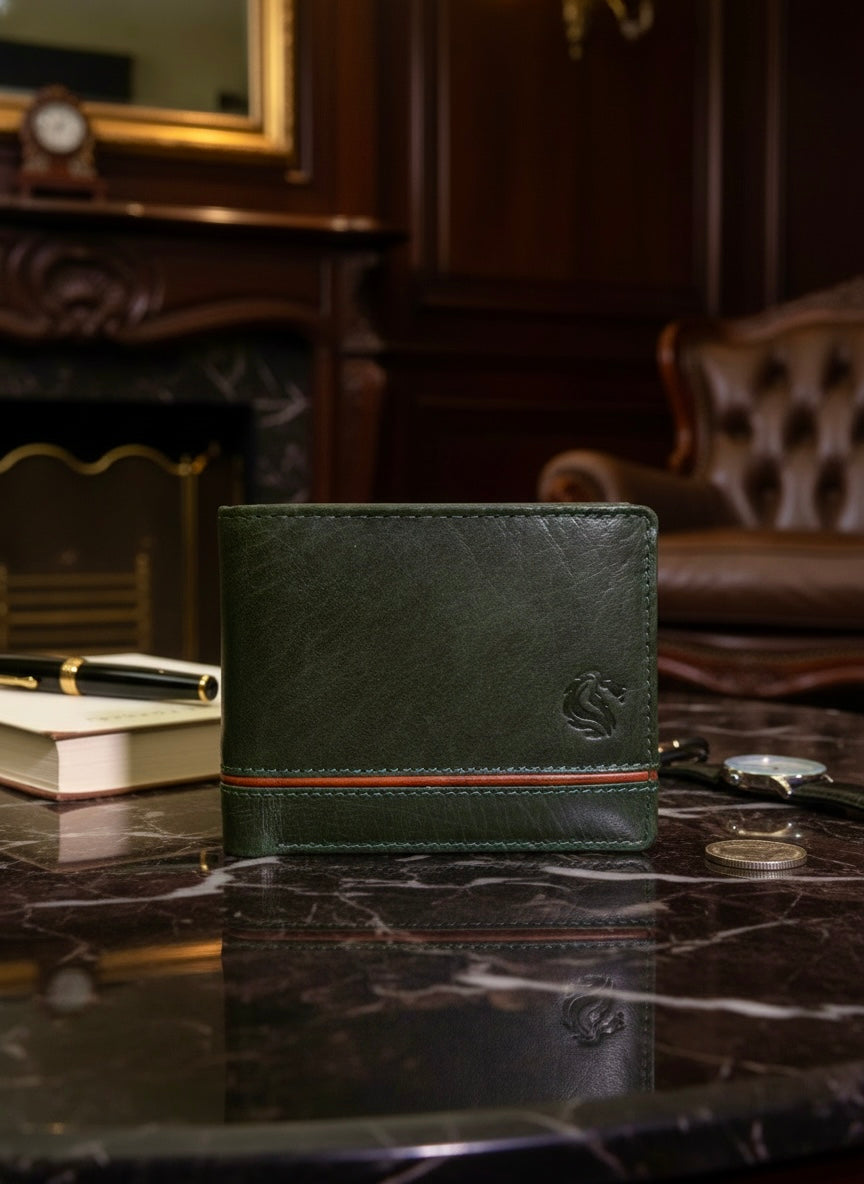Olive Green Leather Wallet – Premium Bifold with Contrast Detail
